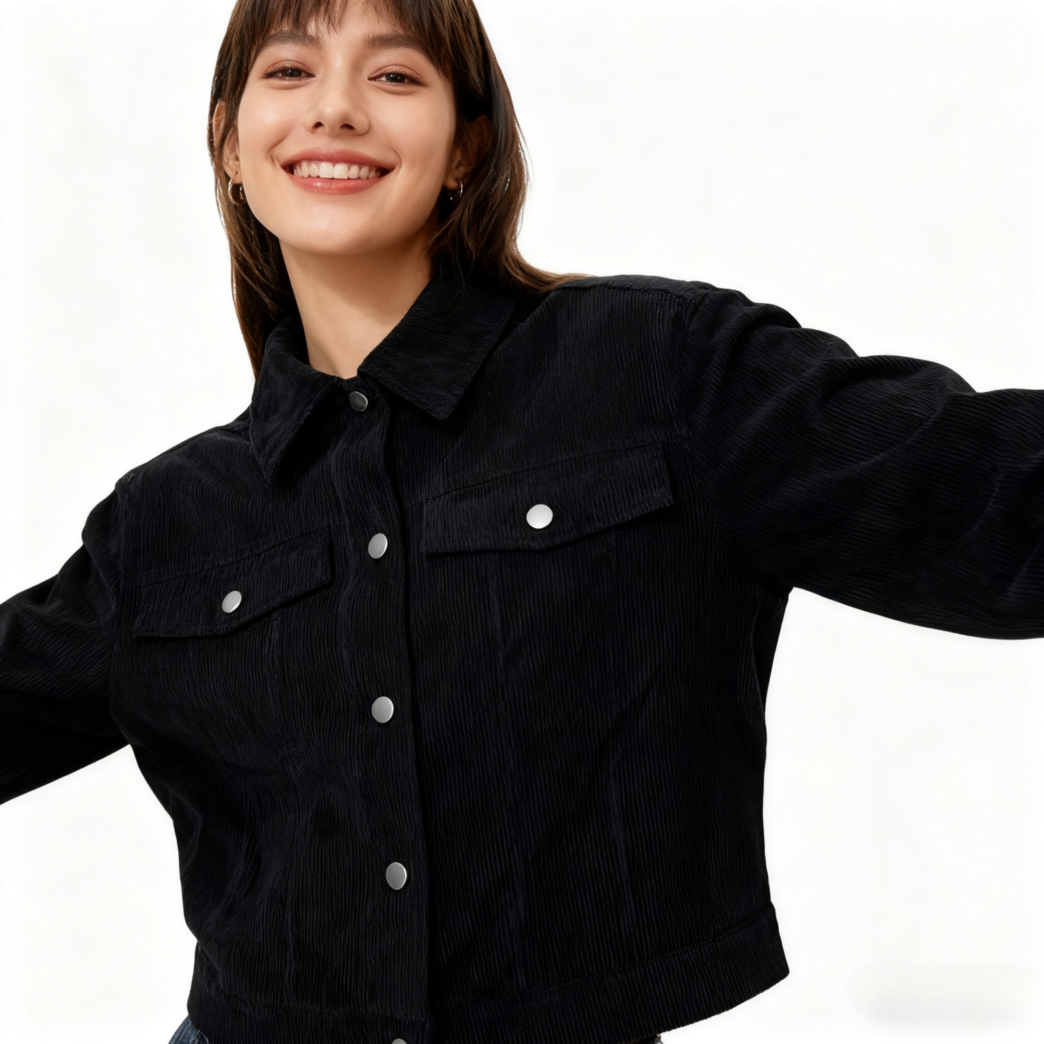 45-7 Black Corduroy Fine-textured Women's Casual Jacket - Image 1