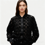 Women's Black Chiffon Spring and Summer Coat Jacket 3D Hollow Flowers