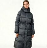 Women's Long Classic Fashion Waterproof Winter Vintage Casual Woven Padded Coat with Stand Collar Hooded and Zipper Closure