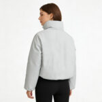 Women's Casual Woven Cropped Puffer Jacket Winter Warm Utility Multi-Pockets Stand Collar Light Gray Windproof Outerwear - Image 3