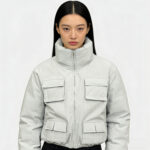Women's Casual Woven Cropped Puffer Jacket Winter Warm Utility Multi-Pockets Stand Collar Light Gray Windproof Outerwear - Image 2