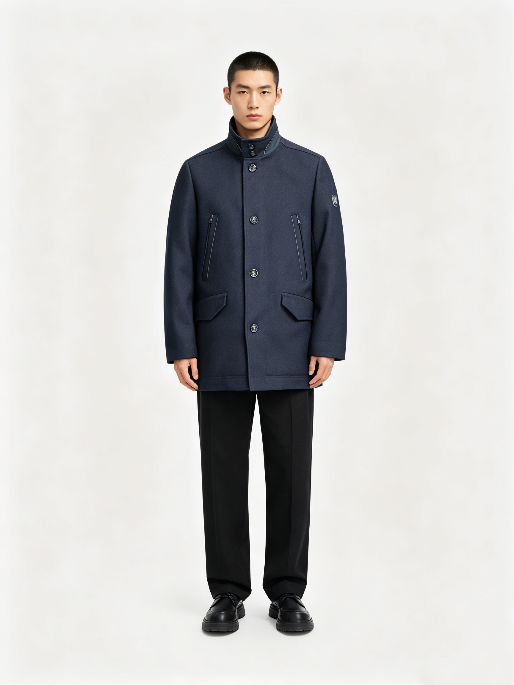 41-2 Men’s Navy Stand Collar Mid-Length Business Wool Coat - Image 1