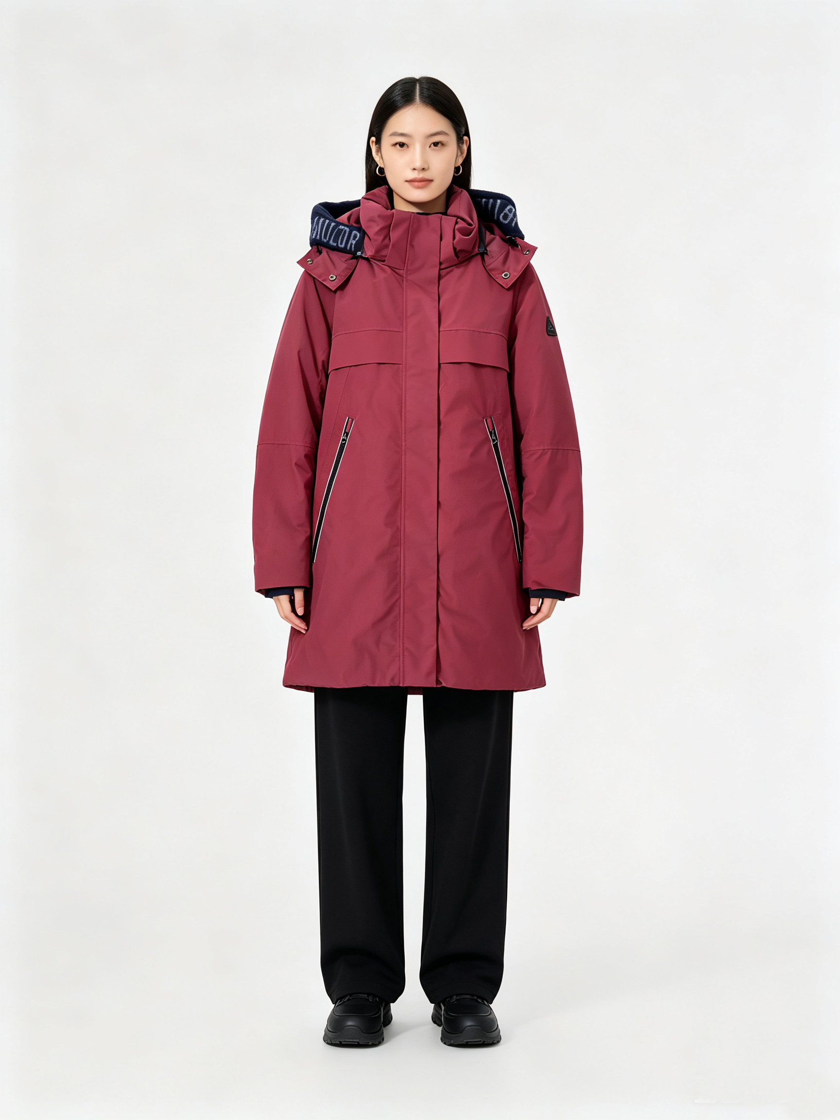 1-4 Women’s Burgundy Mid-Length Windproof Hooded Parka Coat - Image 1