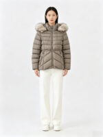 Women’s Detachable Fur Trim Drawstring Waist Short Hooded Puffer Jacket