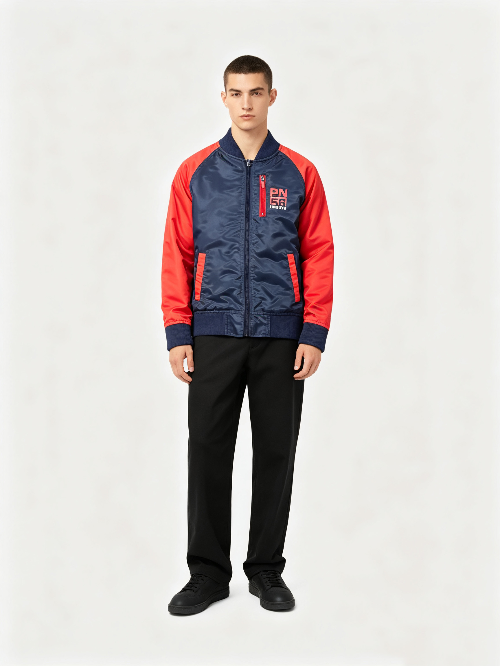 61-2 Men’s Navy & Red Raglan Sleeve Baseball Bomber Jacket - Image 1