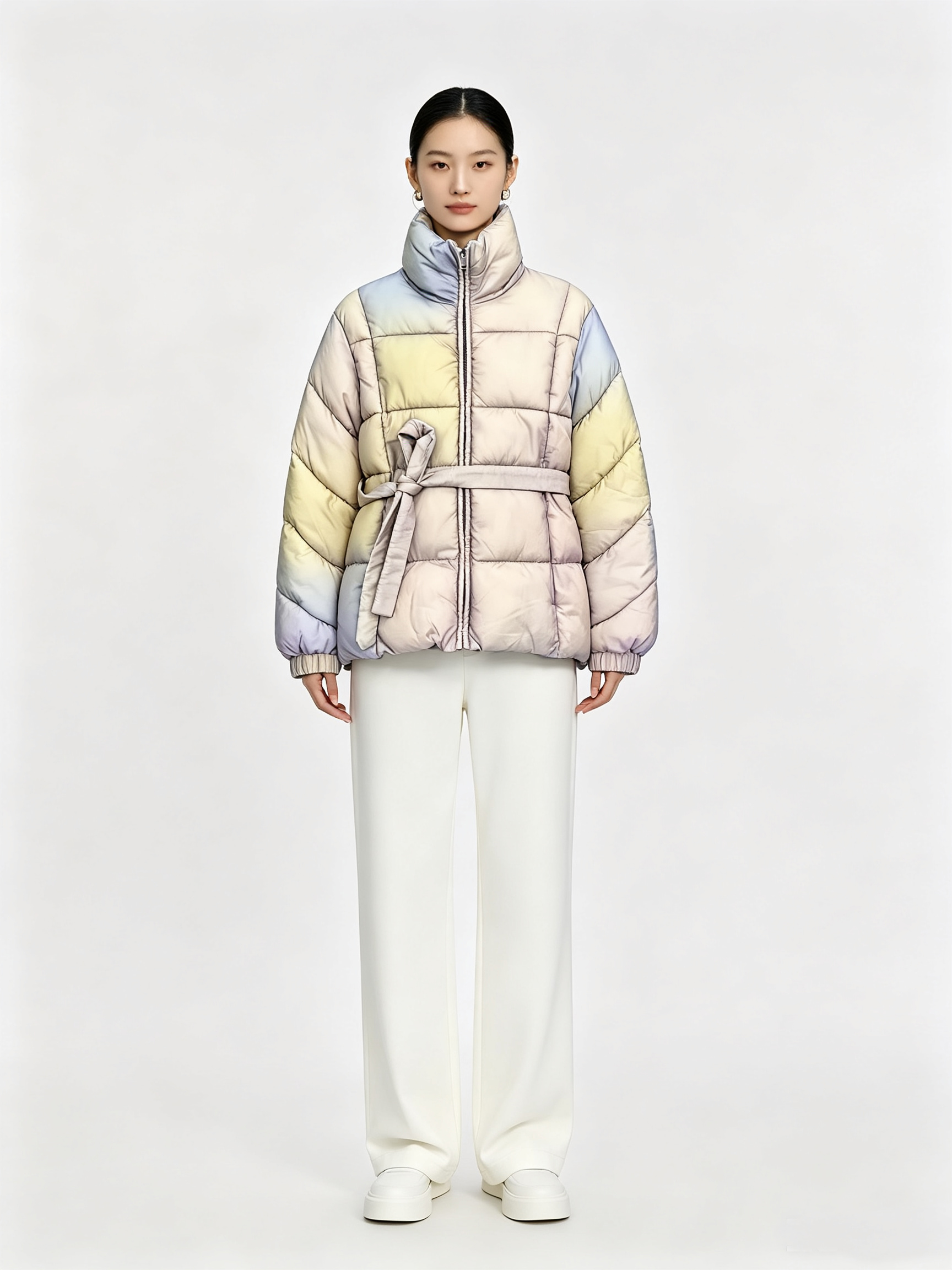 69-2 Women’s Gradient Belted Waist Stand Collar Short Puffer Coat - Image 1