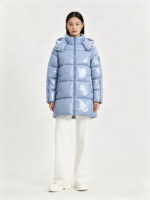 Women’s Shiny Light Blue Mid-Length Hooded Padded Coat