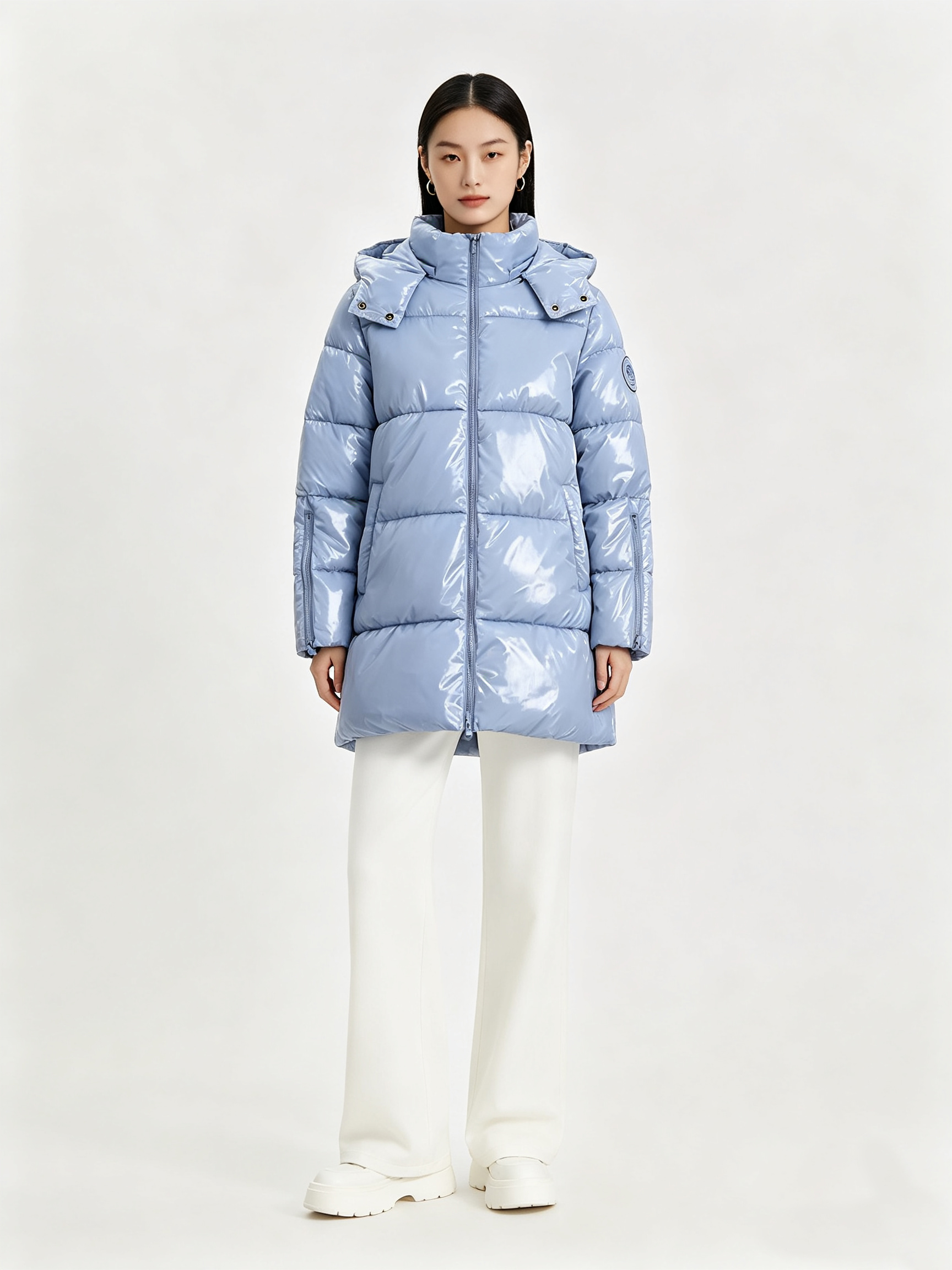 9-5 Women’s Shiny Light Blue Mid-Length Hooded Padded Coat - Image 1