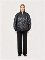 Black Shiny Diamond‑Quilted Baseball Collar Padded Jacket