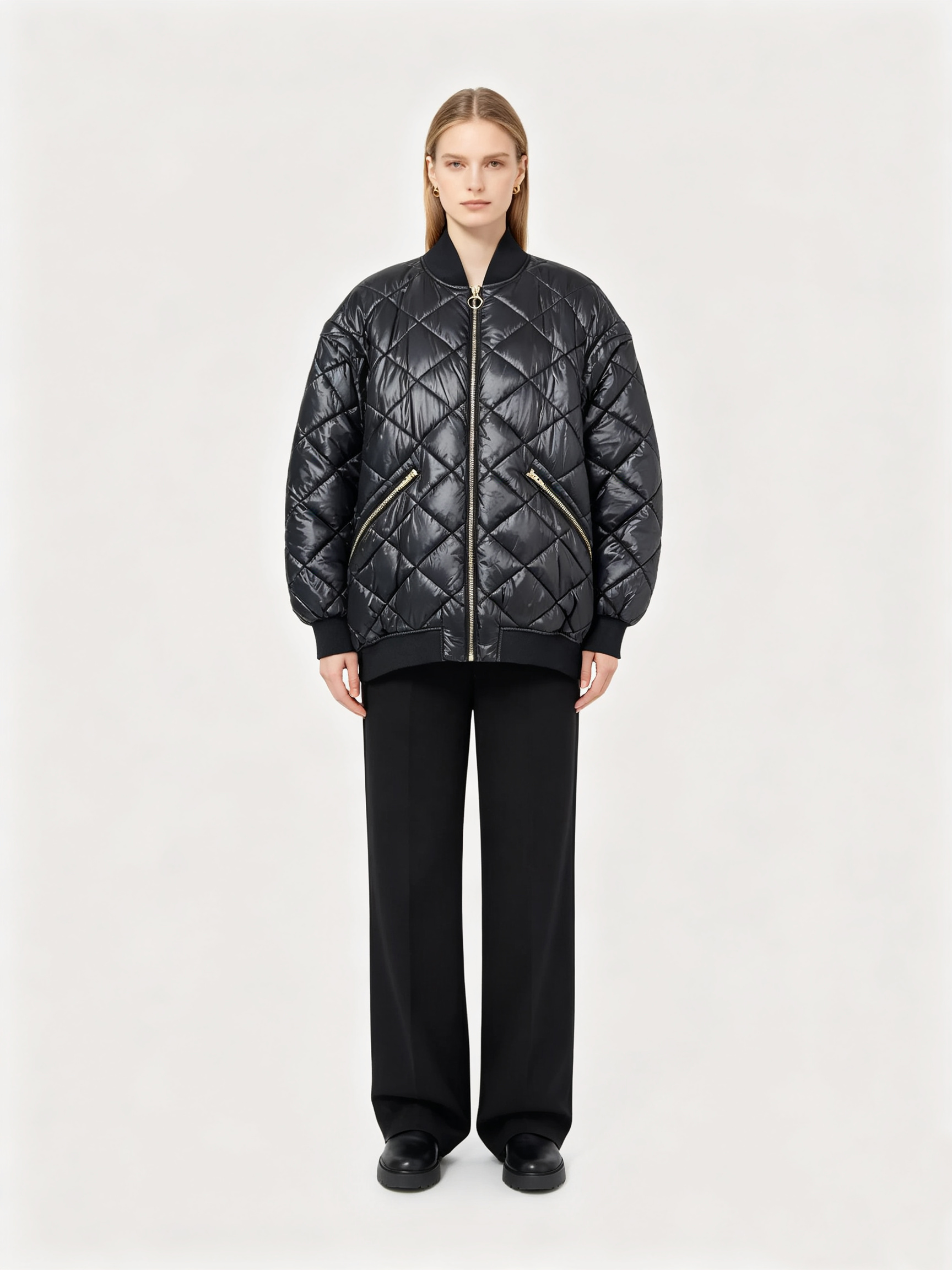 25-3 Black Shiny Diamond‑Quilted Baseball Collar Padded Jacket - Image 1
