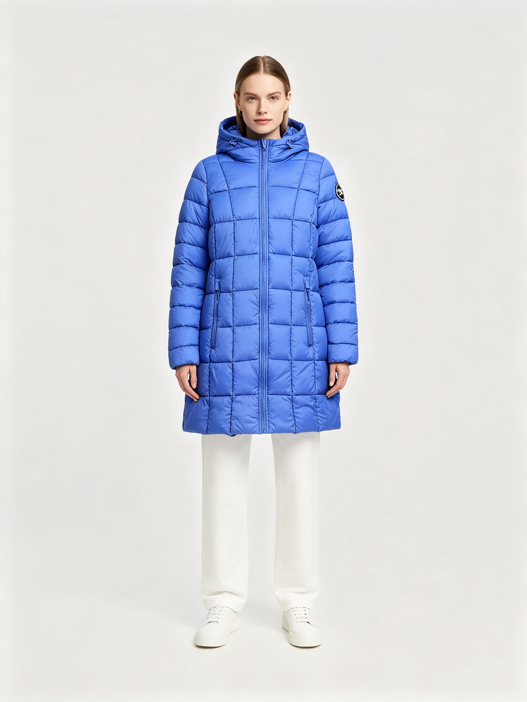 68-2 Women's Mid-Length Hooded Quilted Puffer Coat, Royal Blue Warm Winter Outerwear - Image 1