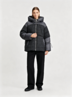Women's Hooded Short Padded Coat with Tweed Paneling