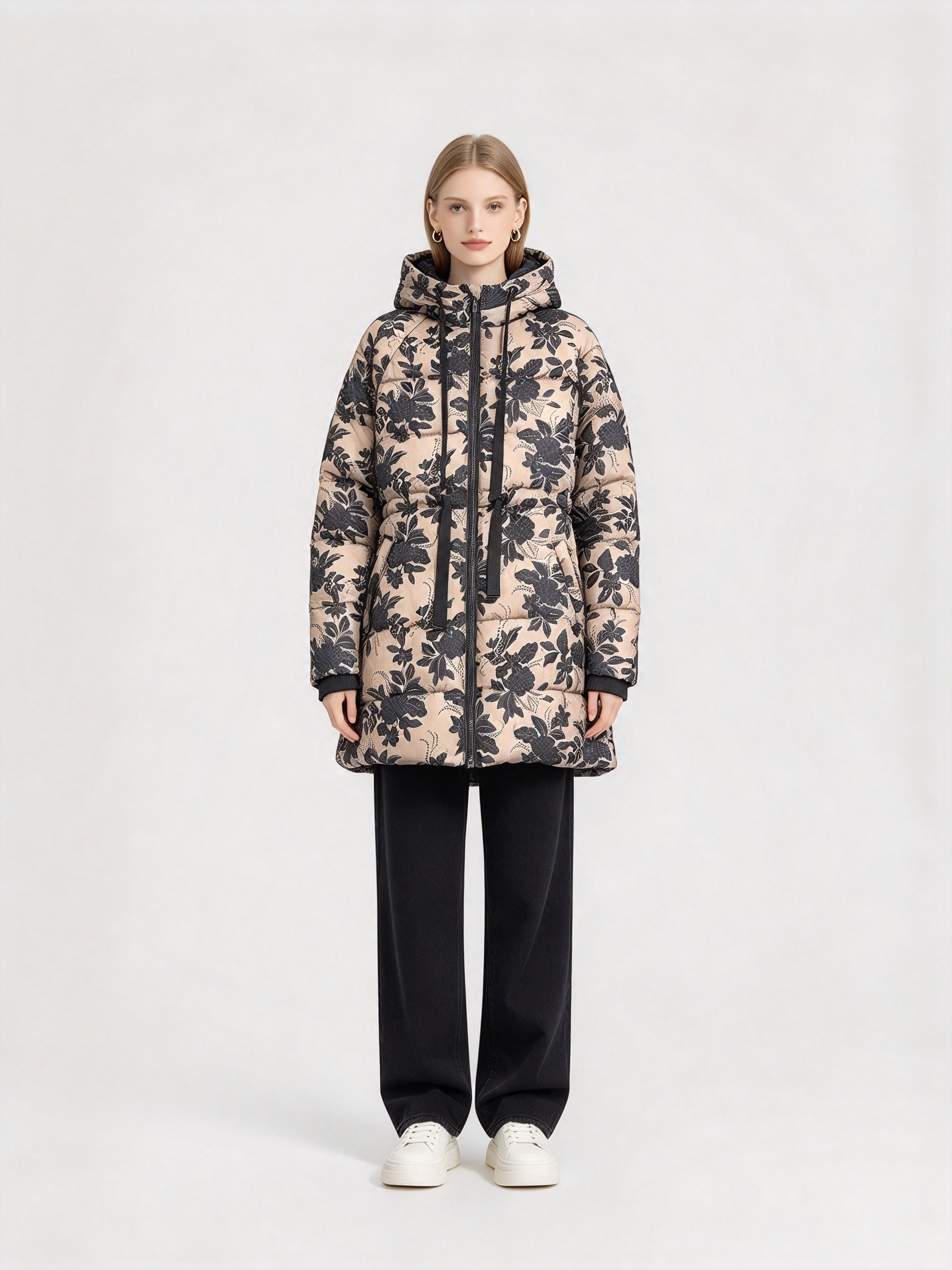 85-2 Women's Vintage Floral Hooded Mid-Length Padded Coat - Image 1